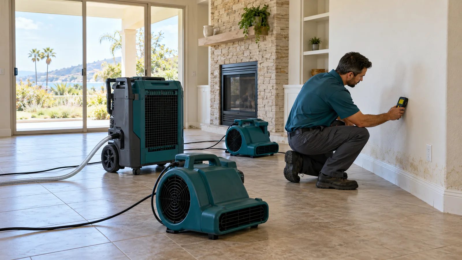 Worker checking wall moisture beside a dehumidifier and two air movers in a living room